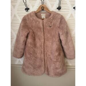 Disney Princess Girls Size 9-10 Faux Fur Pink Coat w Pearl & Crown Embellishment